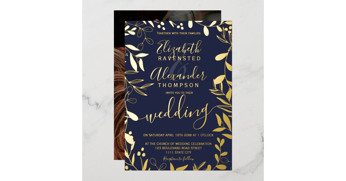 Elegant chic navy blue floral wedding gold foil invitation | Zazzle