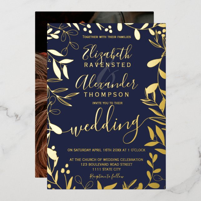 Elegant chic navy blue floral wedding gold foil invitation (Front/Back)