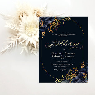 Elegant Chic Navy Blue Flowers Wedding  Invitation