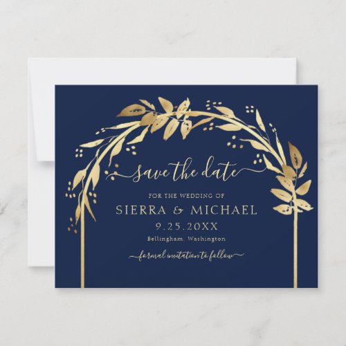 Elegant Chic Navy Blue Gold Foliage Arch Wedding Save The Date