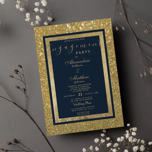 Elegant Chic Navy Blue Gold Glitter Engagement Invitation