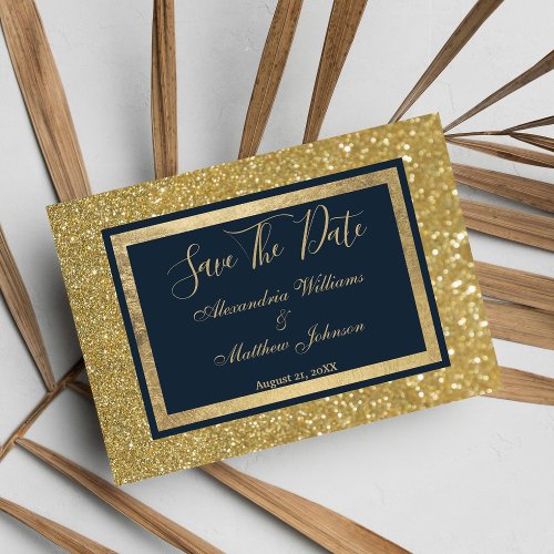 Elegant Chic Navy Blue Gold Glitter Save The Date