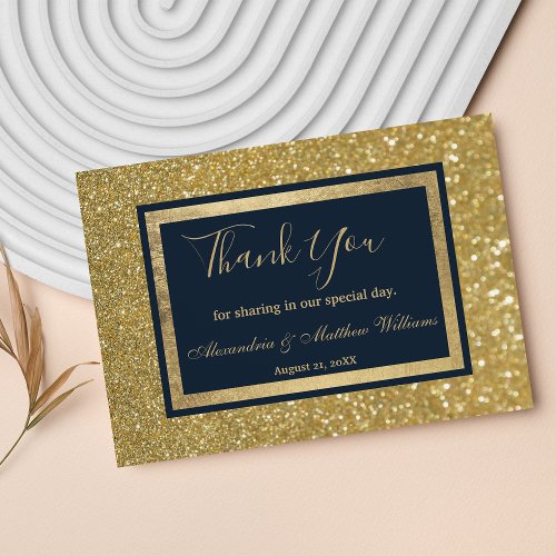 Elegant Chic Navy Blue Gold Glitter Thank You Postcard