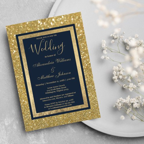 Elegant Chic Navy Blue Gold Glitter Wedding Invitation