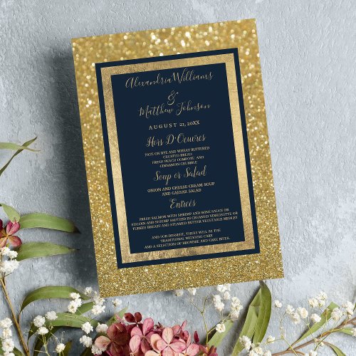 Elegant Chic Navy Blue Gold Glitter Wedding Menu