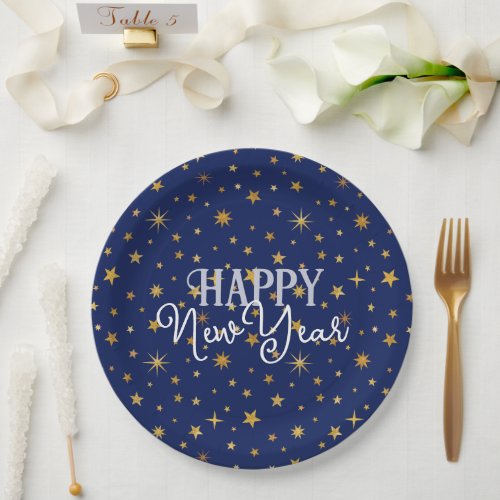 Elegant Chic Navy Blue  Gold Stars Happy New Year Paper Plates