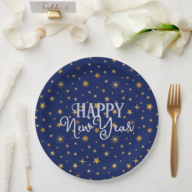 Elegant Chic Navy Blue & Gold Stars Happy New Year Paper Plates (Wedding)