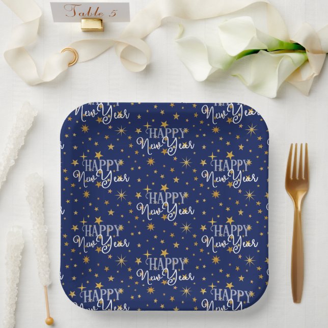Elegant Chic Navy Blue & Gold Stars Happy New Year Paper Plates (Wedding)