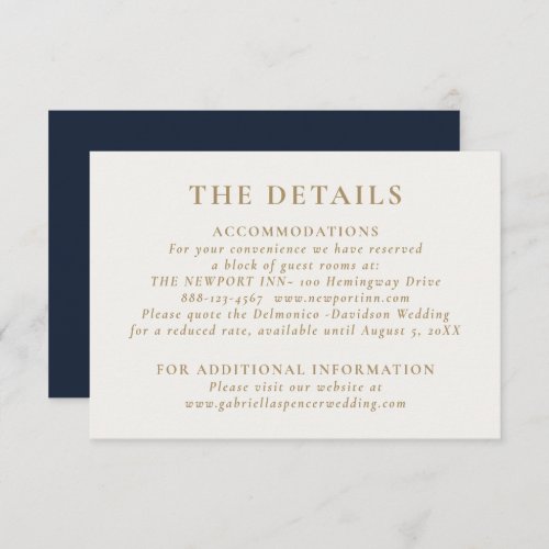 Elegant Chic Navy Blue Gold Wedding Details Enclosure Card