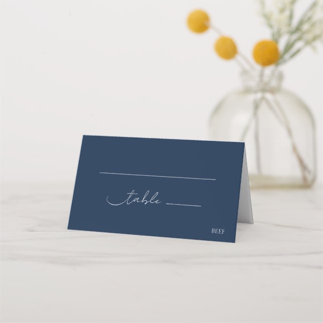 Elegant Chic Navy Blue Modern Script Wedding Place Card (Front)