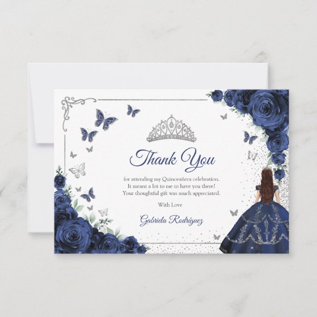 Elegant Chic Navy Blue Roses Silver Quinceanera Thank You Card (Front)