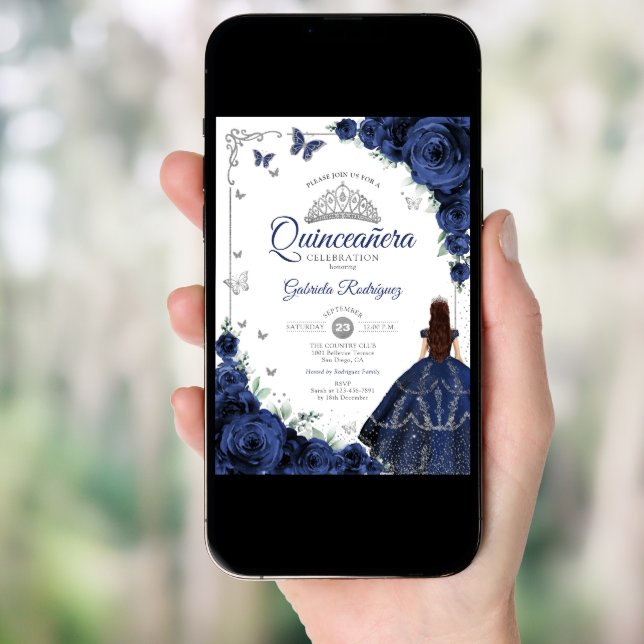 Elegant Chic Navy Blue Silver Floral Quinceanera Invitation (Front Digital)
