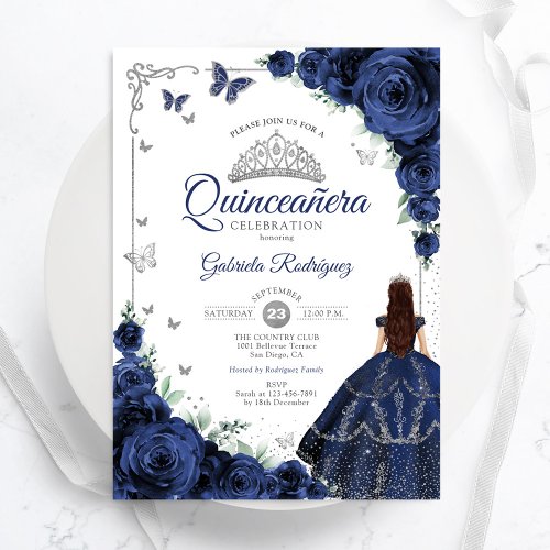 Elegant Chic Navy Blue Silver Floral Quinceanera Invitation