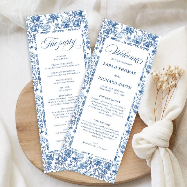 Elegant Chic Navy Blue Toile de Jouy Roses Wedding Program (Elegant Chic Navy Blue Toile de Jouy Roses Wedding Program)