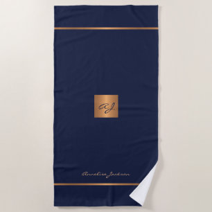 Elegant chic navy gold modern monogrammed stripes beach towel
