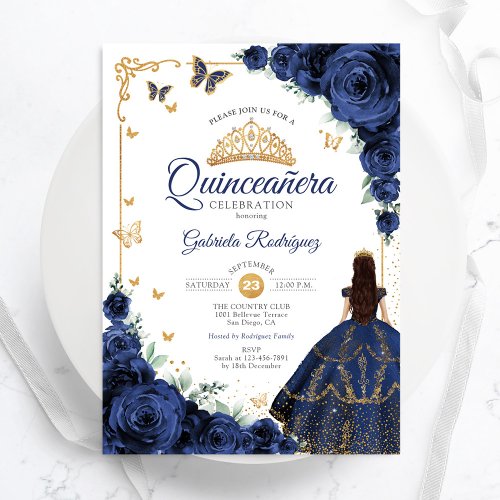 Elegant Chic Navy Roses Floral Gold Quinceanera Invitation