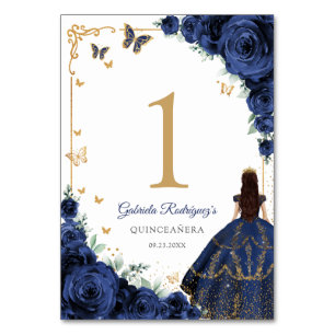 Elegant Chic Navy Roses Gold Quinceanera Table Number