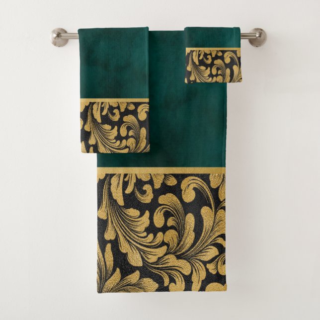 Elegant Chic Old Gold Swirls Green Bath Towel Set (Insitu)