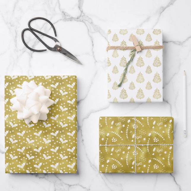 Elegant Chic Olive Green Christmas Mixed Pattern Wrapping Paper Sheets (Front)