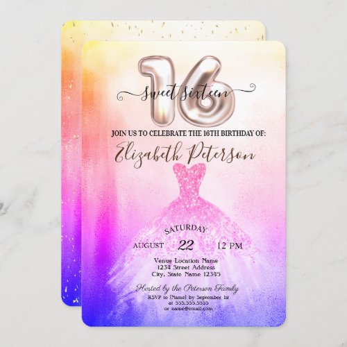 Elegant Chic Ombre Dress Confetti Sweet 16  Invitation