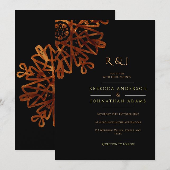 Elegant Chic Ornamental Black and Gold Wedding Invitation (Front/Back)