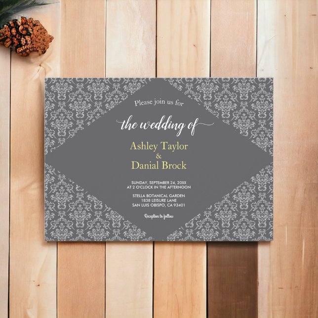 Elegant Chic Ornate Damask Gray Formal Wedding Invitation (Creator Uploaded)