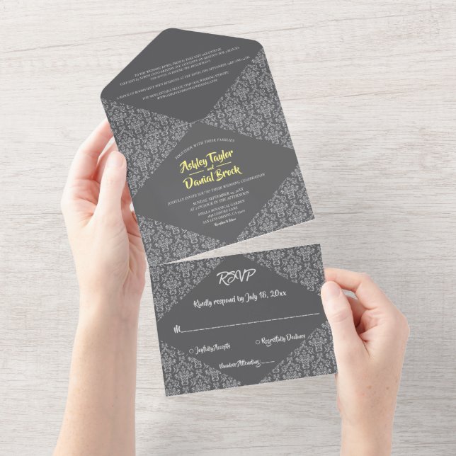 Elegant Chic Ornate Damask Grey Formal Wedding All In One Invitation (Tearaway)