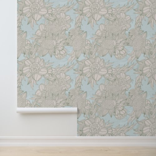Elegant Chic Pale Blue Sage Roses  Dahlia Pattern Wallpaper