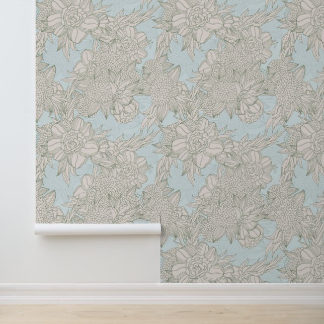 Elegant Chic Pale Blue Sage Roses & Dahlia Pattern Wallpaper (Application)