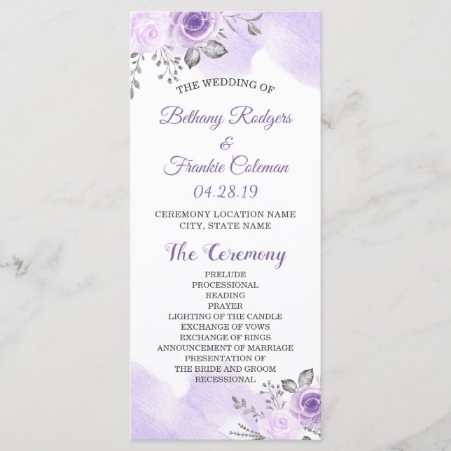 Elegant Chic Pastel Purple Flowers Wedding Program (Front)