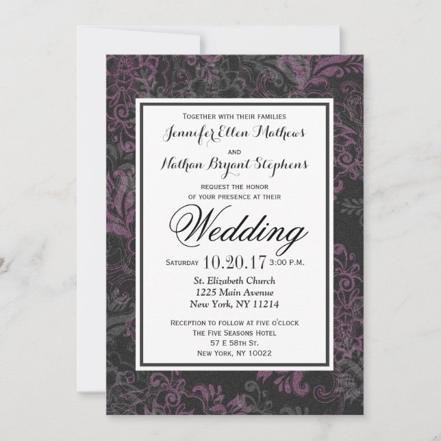 Elegant Chic Pink, Black, & Gray Floral Invitation (Front)
