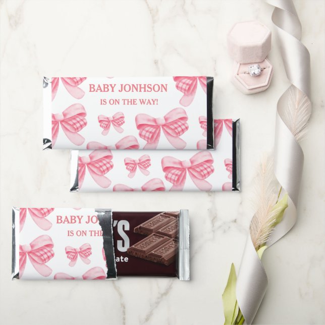 Elegant & Chic Pink Bow Girl Baby Shower Hershey Bar Favors (Front)