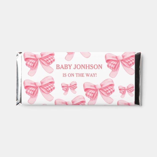 Elegant & Chic Pink Bow Girl Baby Shower Hershey Bar Favors (Front)