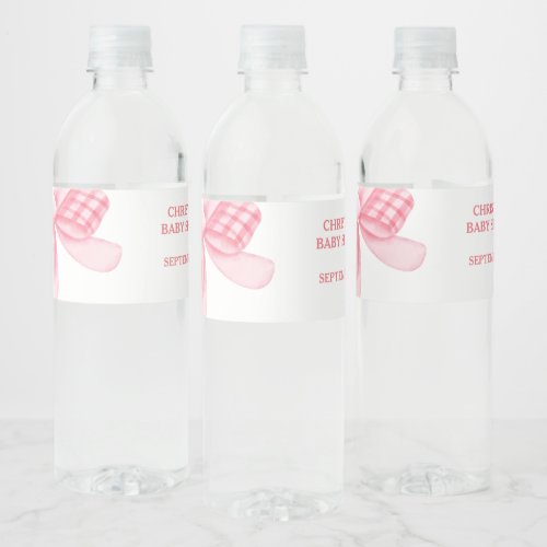 Elegant  Chic Pink Bow Girl Baby Shower Water Bottle Label