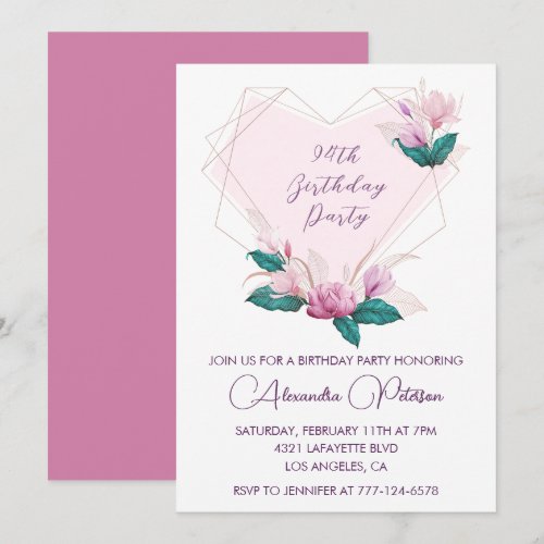 Elegant Chic Pink Floral 94th birthday Invitation 