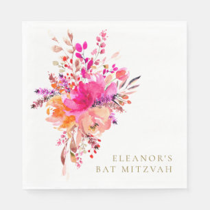 Elegant Chic Pink Floral Bat Mitzvah Custom Napkins