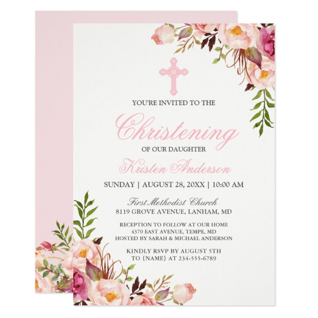 Elegant Chic Pink Floral Christening Baptism Invitation