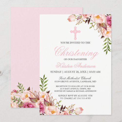 Elegant Chic Pink Floral Christening Baptism Card