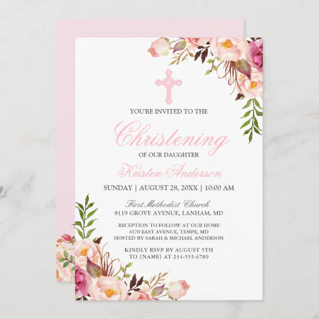 Elegant Chic Pink Floral Christening Baptism Invitation | Zazzle