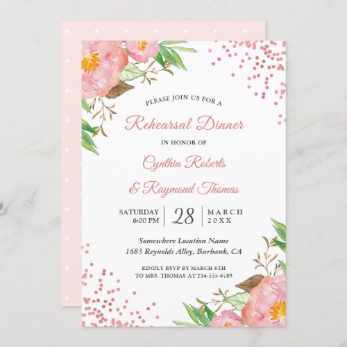 Elegant Chic Pink Floral Confetti Rehearsal Dinner Invitation