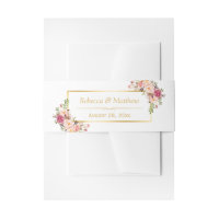 Elegant Chic Pink Floral Gold Frame Wedding Invitation Belly Band