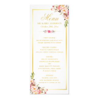 Elegant Chic Pink Floral Gold Frame Wedding Menu Card