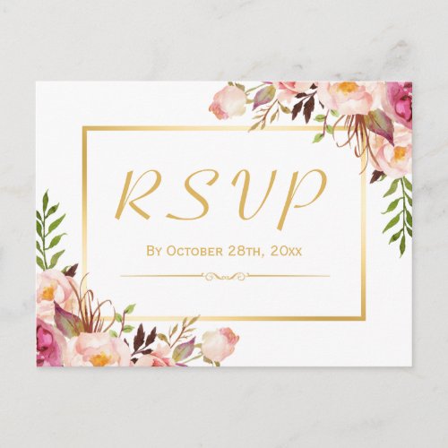 Elegant Chic Pink Floral Gold Frame Wedding RSVP Invitation Postcard