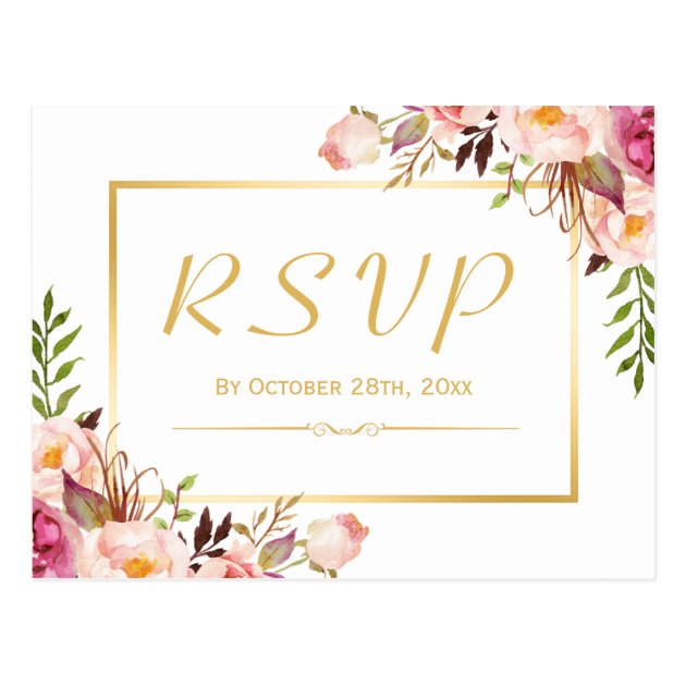 Elegant Chic Pink Floral Gold Frame Wedding RSVP Postcard