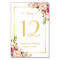 Elegant Chic Pink Floral Gold Wedding Table Number