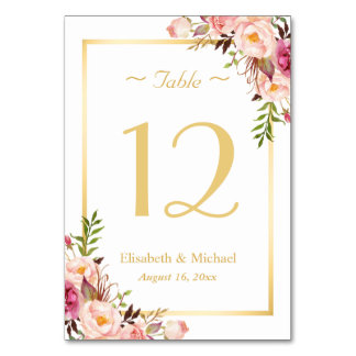 Elegant Chic Pink Floral Gold Wedding Table Number Card
