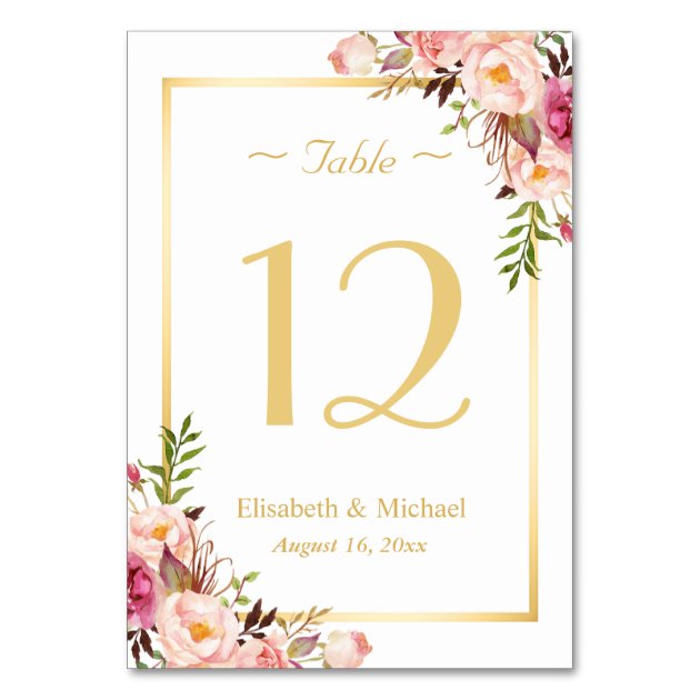 Elegant Chic Pink Floral Gold Wedding Table Number Card