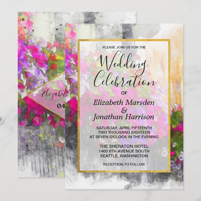 Elegant Chic Pink Florals Watercolor Wedding Invitation (Front/Back)