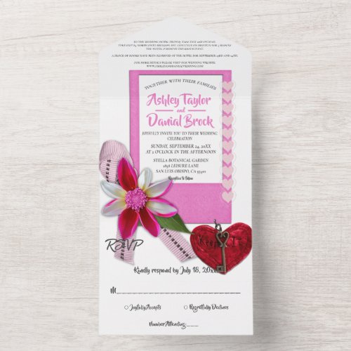 Elegant Chic Pink Flourish Romantic Modern Wedding All In One Invitation