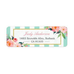 Elegant Chic Pink Flowers Mint Green Stripes Label